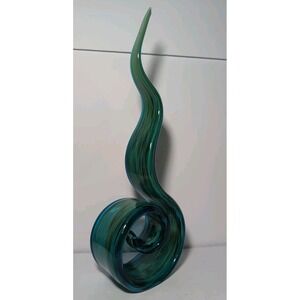 Vintage Art Glass Murano Style Green Turquoise 15.5" Ribbon Unique Ocean Swirl